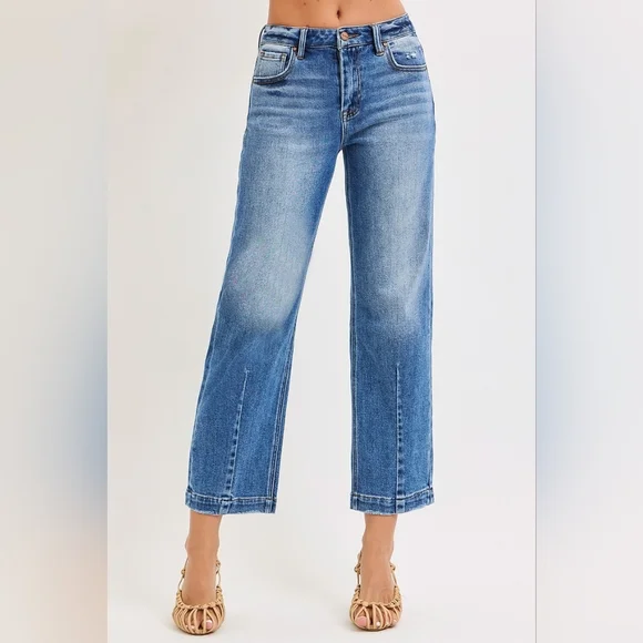 RISEN Barrel Jeans High-rise Boyfriend Vertical Seam Cropped Denim Distressed - Picture 12 of 16